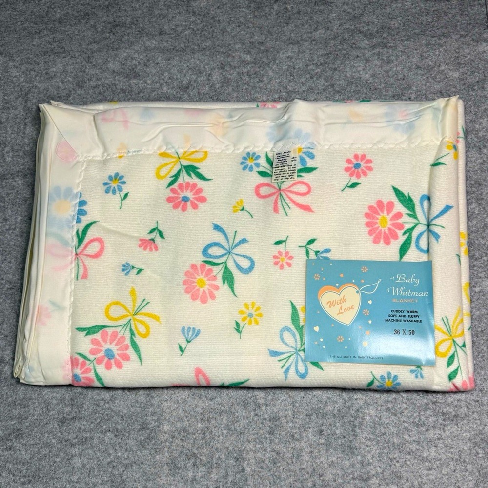Vintage 1970s Baby Whitman/Storktex Baby Blanket NWT Floral & Satin Trim 36x50